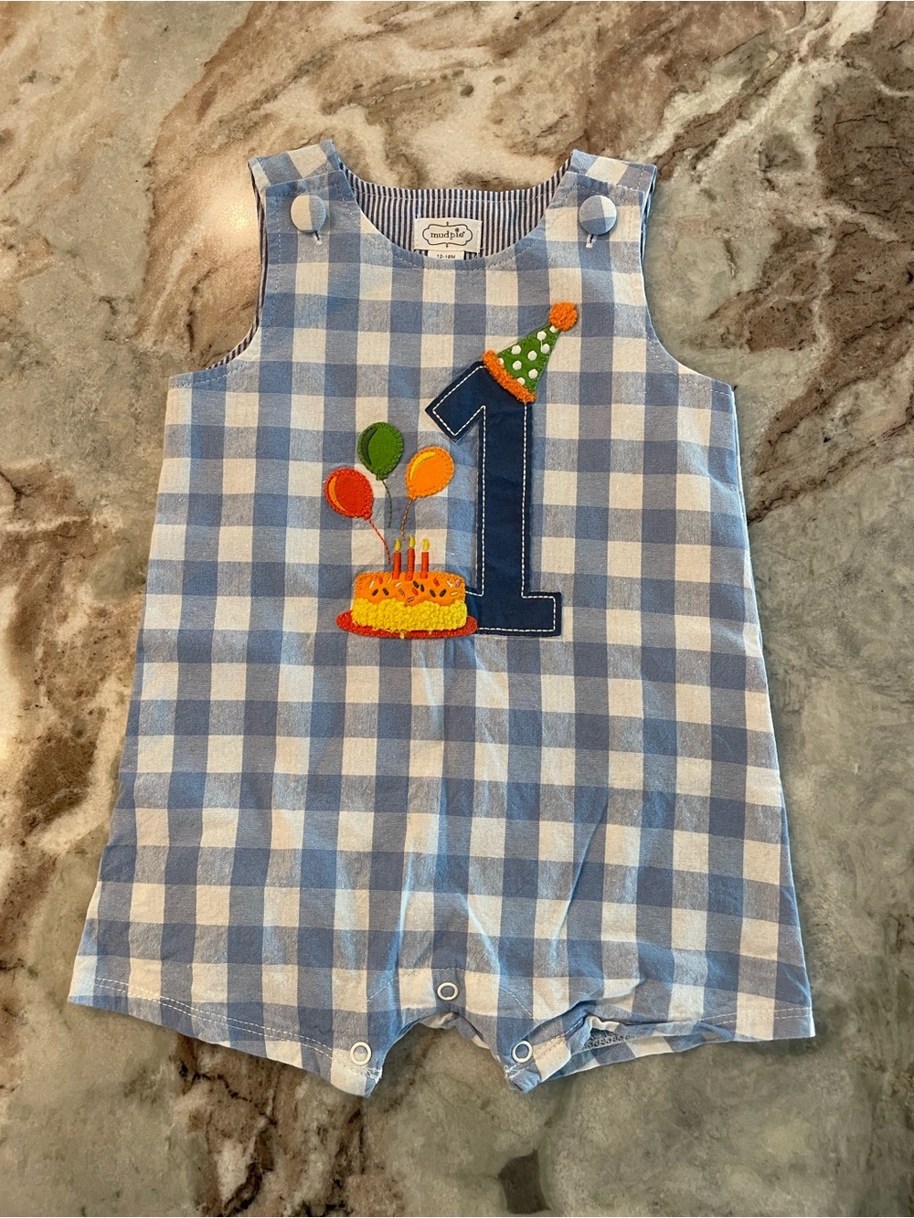 Mud Pie Blue and White Gingham First Birthday Baby Boy One-Piece